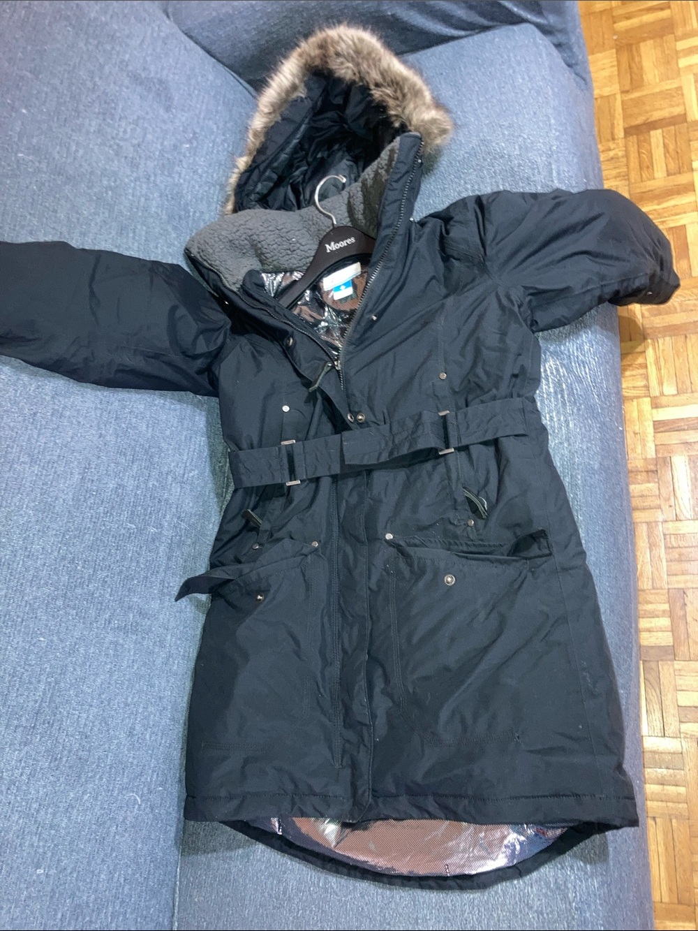 Women's omni heat Black Long Puffer Coat with Faux Fur Hood